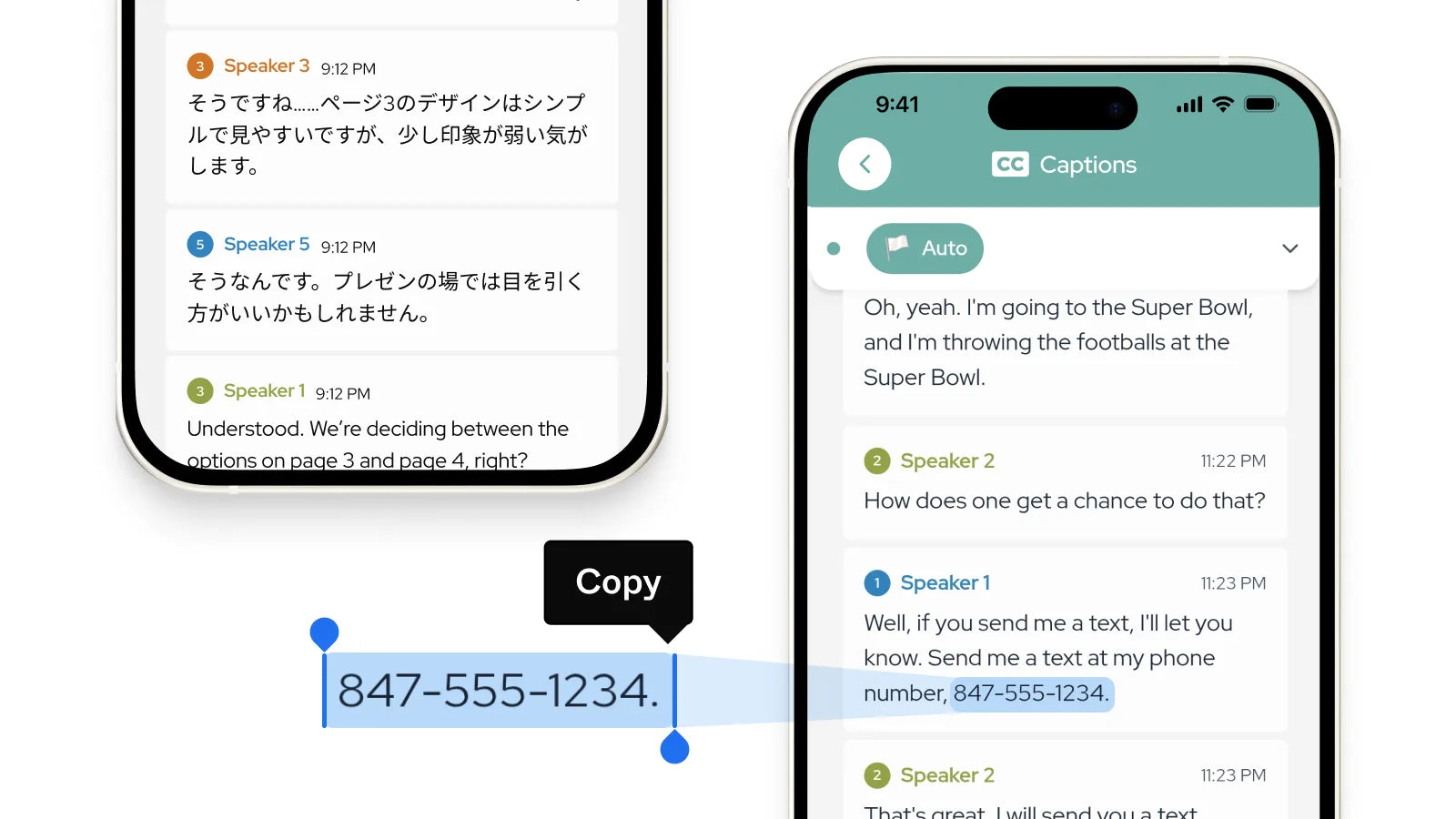Mentra Captions copy and paste feature showing speaker differentiation and phone number extraction
