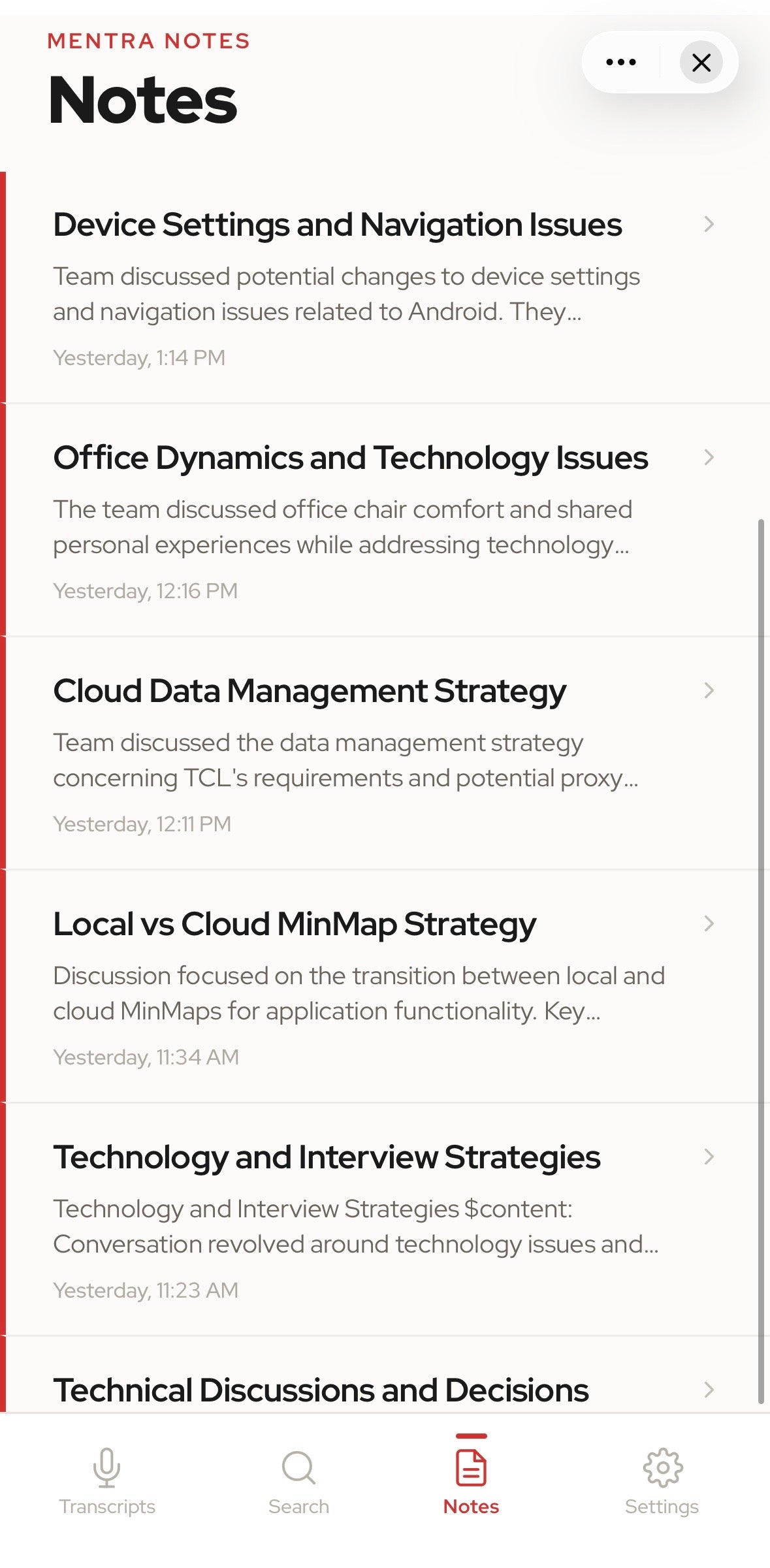 Mentra Notes notes list view
