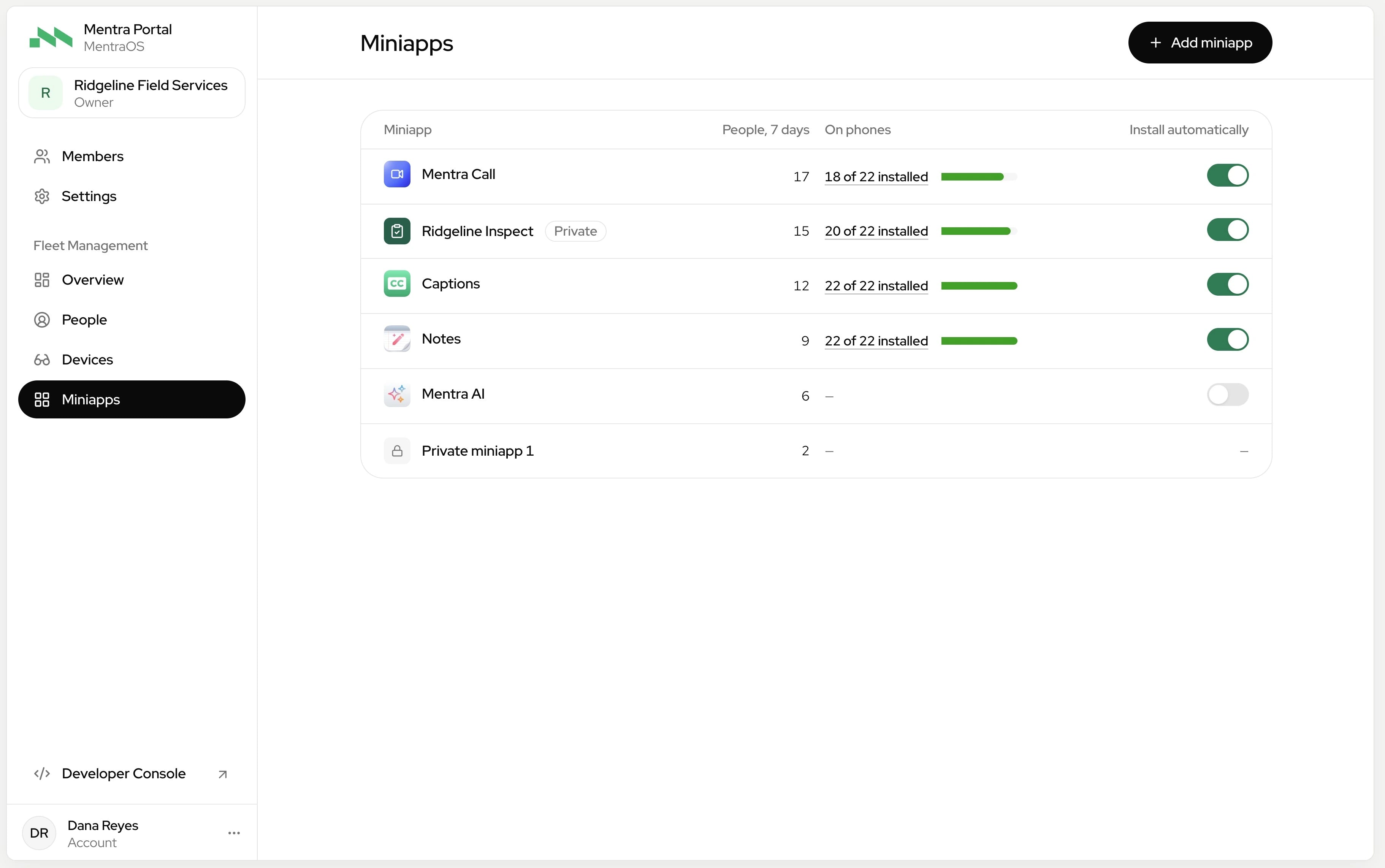 MFM Miniapps showing installed apps, installation progress across employee phones, and automatic installation controls.
