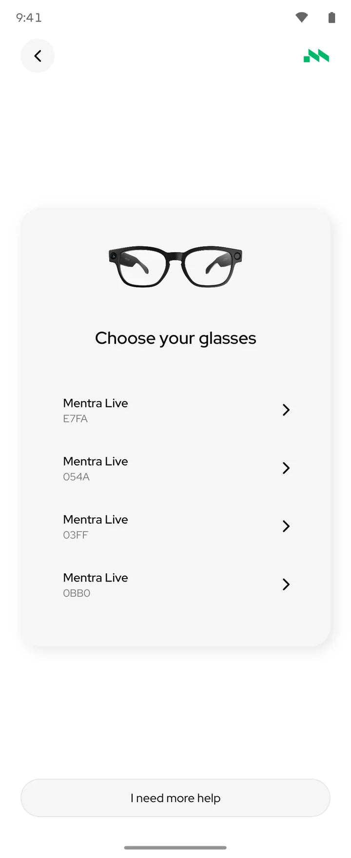 Choose your glasses screen listing nearby Mentra Live glasses