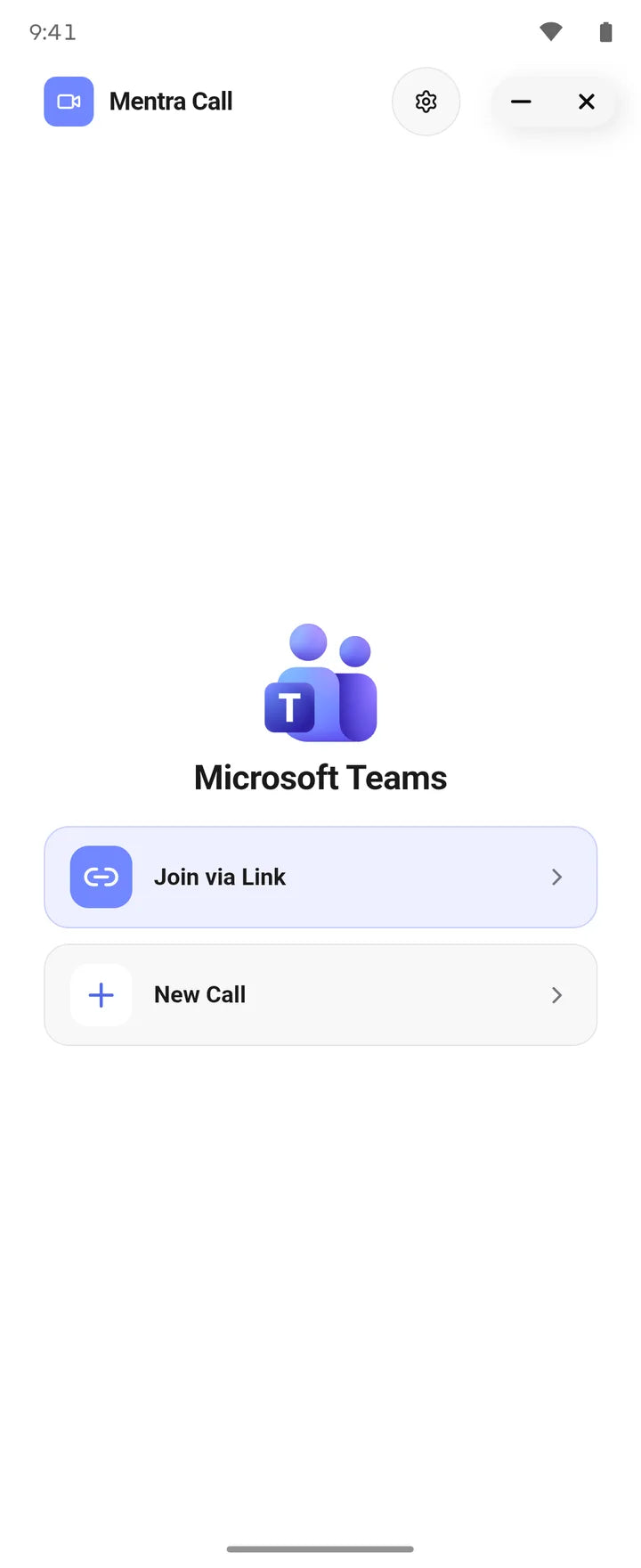 Mentra Call with Join via Link and New Call options for Microsoft Teams