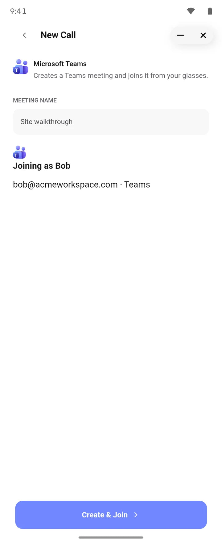 New Call screen with a meeting name, Joining as Bob with his Teams account, and the Create and Join button