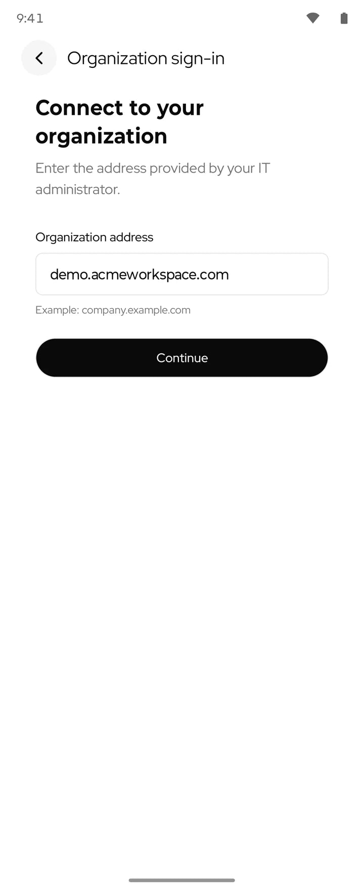 Organization sign-in screen with demo.acmeworkspace.com entered