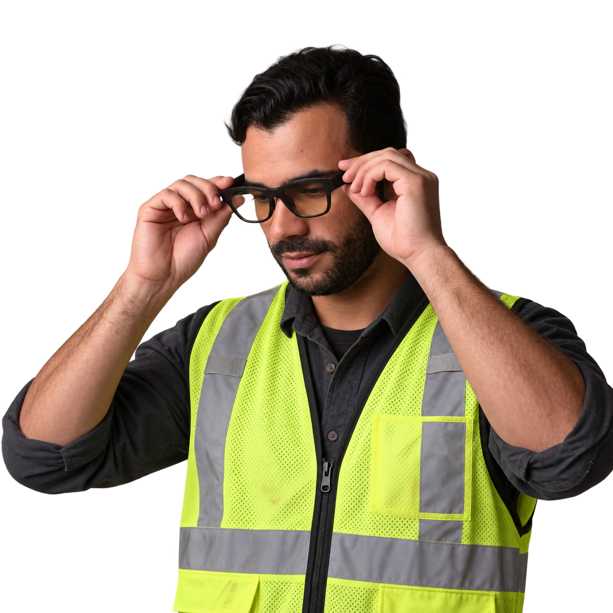Worker putting on Mentra glasses